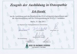 Abschlusszeugnis des 5-jährigen Osteopathie-Studiums am Institut für angewandte Osteopathie (IFAO) in Berlin â€“ umfassende Ausbildung in parietaler, viszeraler und craniosacraler Osteopathie mit Praxisbezug.