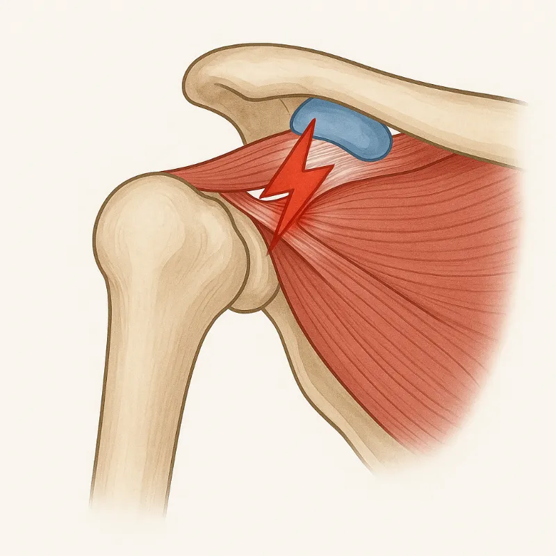 Darstellung einer Schulter mit Tendinopathie der Rotatorenmanschette infolge eines Impingement-Syndroms unter dem Schulterdach.