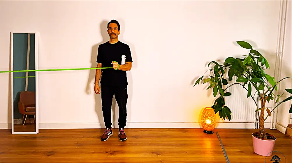 Rotatorenmanschette Übung Außenrotation Theraband Ausgangsposition Handtuch Ellenbogen