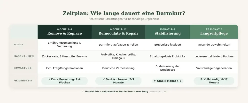 Zeitplan Darmkur: Woche 1–4 Remove & Replace, Woche 4–12 Reinoculate & Repair, Monat 4–6 Stabilisierung