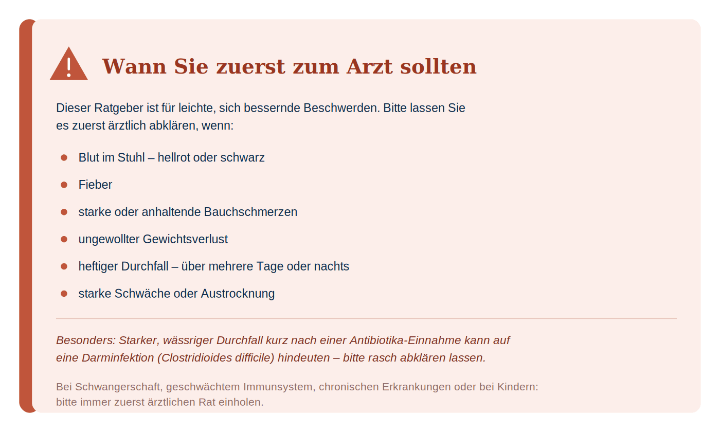 Hinweiskasten: Bitte zuerst ärztlich abklären lassen bei Blut im Stuhl, Fieber, starken oder anhaltenden Bauchschmerzen, ungewolltem Gewichtsverlust, heftigem oder nächtlichem Durchfall, starker Schwäche oder Austrocknung. Starker wässriger Durchfall kurz nach Antibiotika kann auf eine Darminfektion (Clostridioides difficile) hindeuten.
